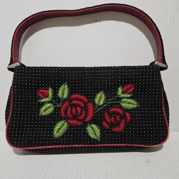 Isabella fiore Vintage Black red Beaded Rose embroidered Handbag Evening - Picture 1 of 10